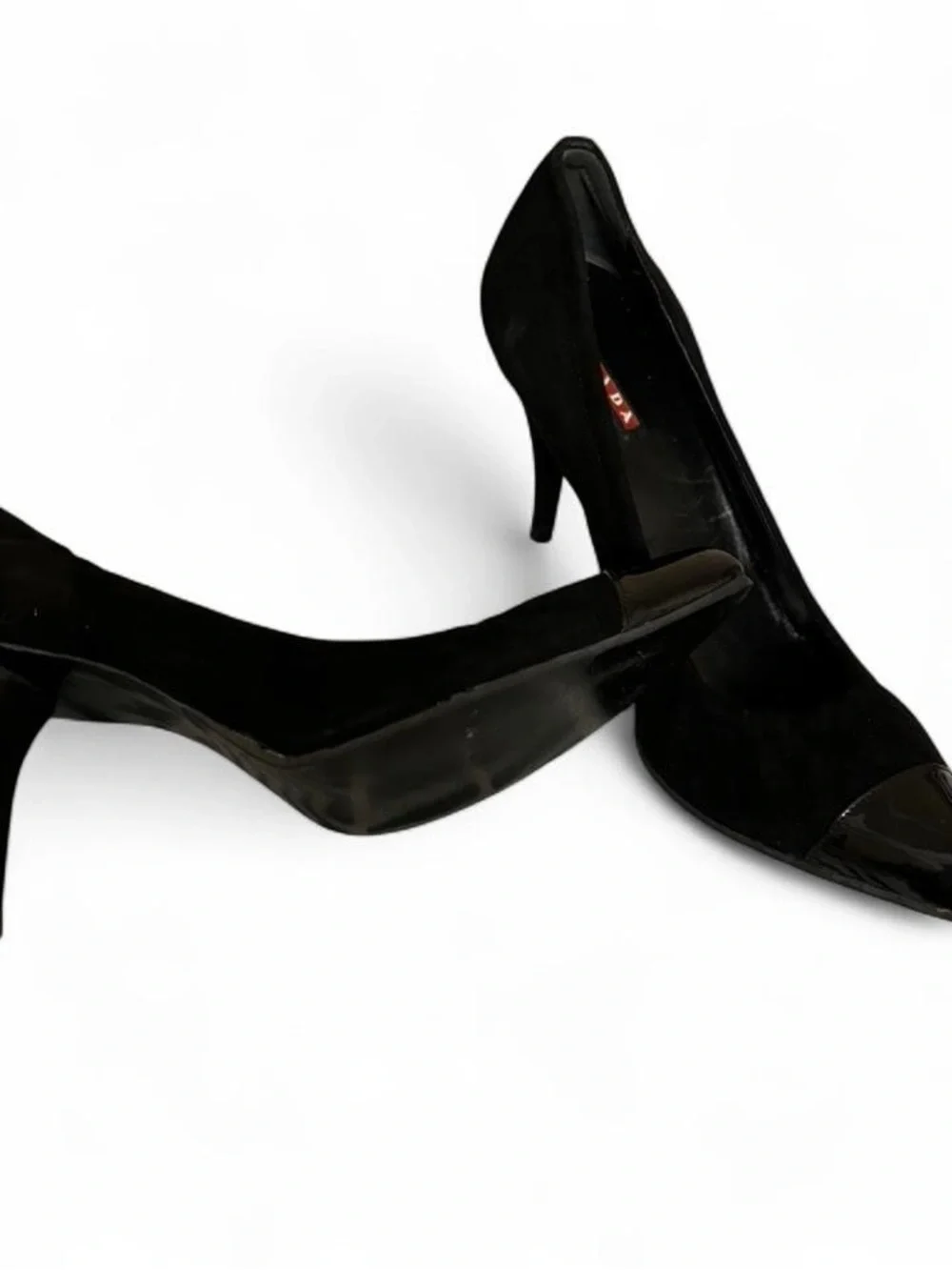 Prada Black Suede Pumps with Patent Black Cap Toe